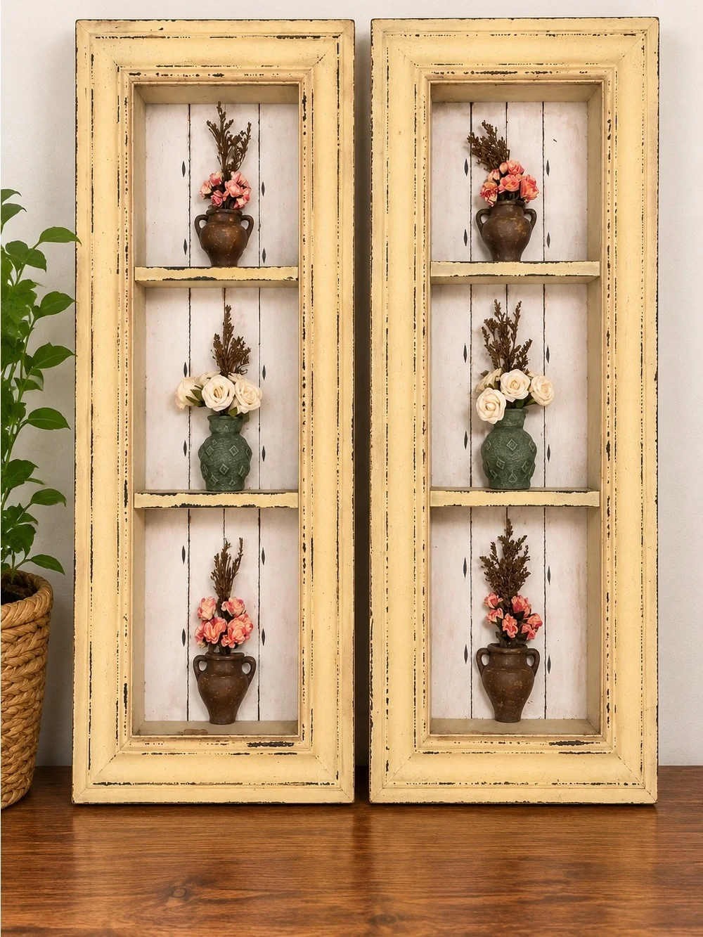 TWO Vintage Style Floral Shadow Box Wall-art|Distressed Cottage Farmhouse decor